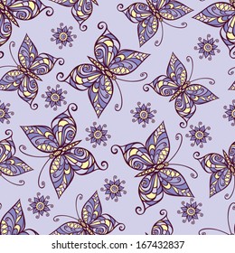 Seamless lilac pattern with butterflies