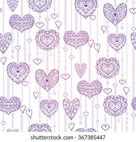 Seamless lilac texture with hanging doodle hearts for your creativity
