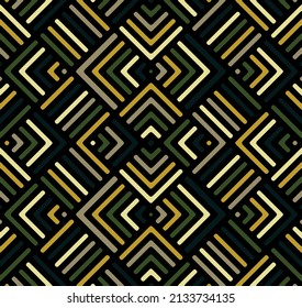 Seamless lilies green square lines geometric pattern. art deco textile pattern design.