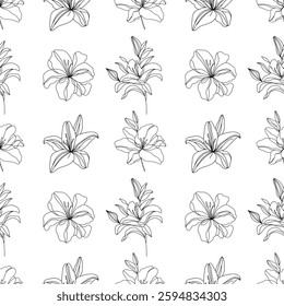 Seamless lilies pattern monochrome floral design. Seamless floral pattern with lilies in fine line art style. Elegant monochrome botanical design, perfect for fabric, wallpaper, and packaging.