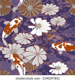 Seamless lily and fish pond pattern