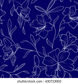 Seamless Lily Floral Flower Pattern. White Outline On Navy Dark Blue Background.