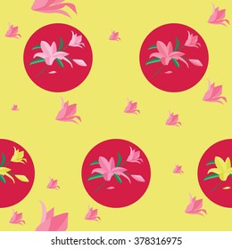 Seamless lily flowers pattern. Colorful lily flowers and pink dots background.