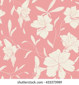 Seamless lily pattern. Beige on pink background. Summer spring flowers. Vector illustration. 