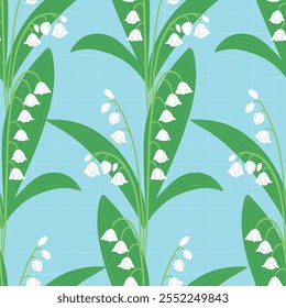 Seamless Lily of the Valley Pattern on Light Blue Background