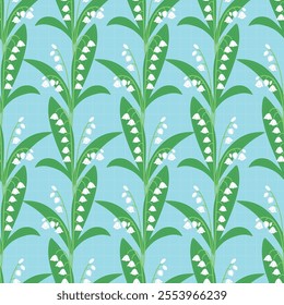 Seamless Lily of the Valley Pattern on Light Blue Background