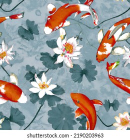 Seamless lilypad and koi repeating pattern