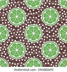 
Seamless lime citrus vector pattern. Repeat fruit background with food slice and polka dot elements. Brown chevrons. Trendy cute fashion print design. Modern illustration.