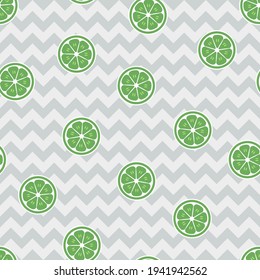 
Seamless lime citrus vector pattern. Repeat fruit background with summer food slice elements. Neutral gray chevrons. Trendy cute fashion print design. Modern illustration.