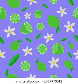 Seamless lime flowers leaves repeat fruit floral background green citrus on blue surface texture for print, wrapping, textile