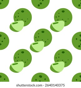 Seamless Lime Fruit Summer Pattern. Seamless pattern with whole and cut lime fruits. Flat minimal style, fresh green colors, isolated on white background.