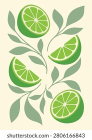 Seamless Lime Fruit and Tropical Leaves Pattern Botanical Citrus Vector Background