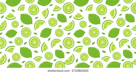 Patrón de lima sin fisuras con rebanadas y hojas, fondo de cítricos verdes. Para envases de verano, marca de bebidas, menús de cócteles, textiles, Fondos de pantalla, papelería y diseño de alimentos.