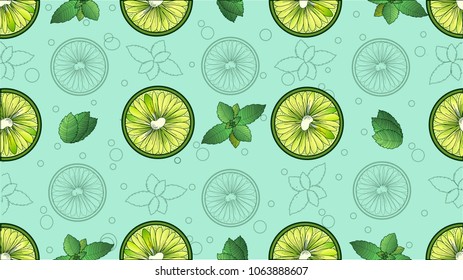 Seamless lime pattern. Vector background with watercolor and doodle lime slices.