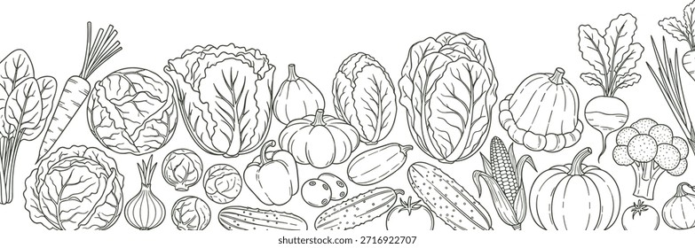 Seamless line art border design showcasing a diverse collection of garden-fresh vegetables, ideal for health-conscious food themes, organic promotions, and culinary designs