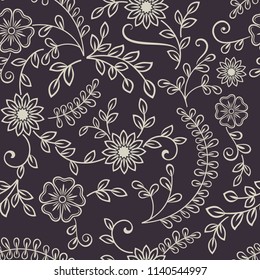 Seamless line art flower vector pattern. Seamless wrapping paper, textile or upholstery flower print.