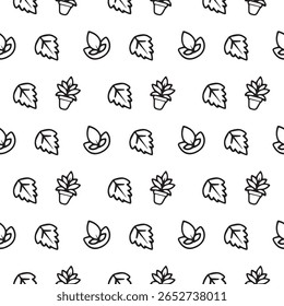 Seamless Line Art Leaf and Plant Pot Pattern on White Background  Minimal Nature Doodle Style .