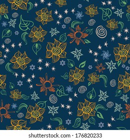 Seamless line art pattern with abstract sunflowers, flowers, stars and other elements. Doodle style pattern. Vector elements are grouped by colors. Drop pattern into your AI swatches and use as fill.