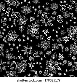 Seamless line art pattern with abstract flowers, stars and other elements. Contrast doodle style pattern. Vector EPS8, all elements are grouped by colors. Drop into your AI swatches and use as fill.