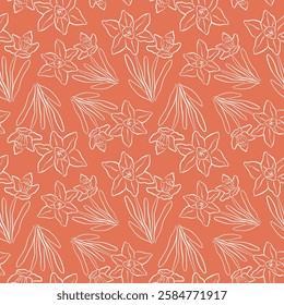 Seamless line art pattern with daffodil flowers and leaf in a line art style. Perfect for spring themed design, textile, wallpaper on orange background.