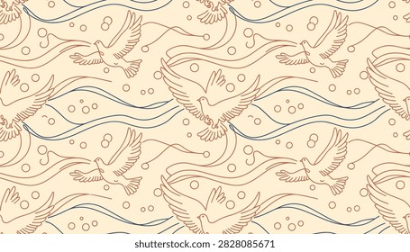 Seamless line art pattern of flying doves with wavy lines on soft cream background