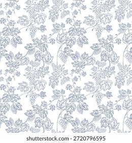 Padrão de arte de linha sem costura de ramos de videira e folhas no estilo toile de Jouy. Elegante design botânico perfeito para rótulos de vinho, embalagens, fundos e projetos com temática vinícola.