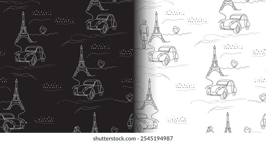 Um padrão de arte de linha sem costura inspirado em Paris, com a Torre Eiffel, carro vintage e elementos românticos. Ideal para papéis de parede, impressões de moda, embalagens e desenhos temáticos de viagens