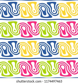 Seamless line art pattern made of blue, yellow, pink and green colored tiles over white background. Monochromatic endless tiling design