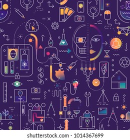 Seamless line art pattern on the theme of technology, industry, science. 