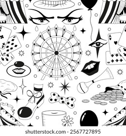 Seamless line art pattern with vector circus symbols and items with magic eyes, clown mask, carousel, carnival tents, balloon isolated on white background