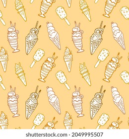Seamless Line Art Style Pattern Design with Tasty Ice Cream on Color Background. Vector Sweet Illustration of Different Ice Cream for Paper Print, Menu, Banner