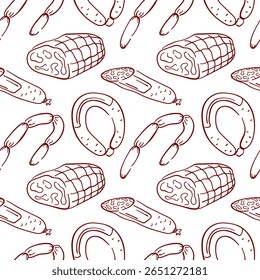 Seamless line art style pattern with sausage and ham on white background. Perfect for butcher shop package, kitchen wallpaper, menu cafe or traditional meat cuisine design.