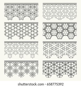 Seamless line borders, black geometric patterns set. Tribal ethnic arabic, indian, turkish decorative ornaments, fashion lace collection. Isolated design elements for frames, headline, banners, cards