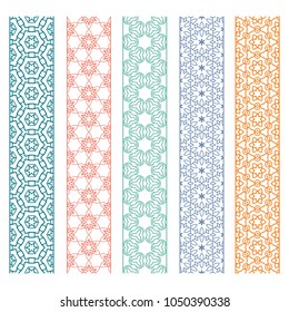 Seamless line borders patterns set, repeating texture. Tribal ethnic decorative geometric ornament, fashion lace collection. Isolated design elements for card, invitation, page decoration