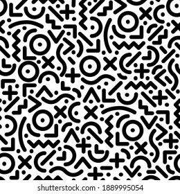 Seamless line doodle memphis pattern Fashion 80-90s. Black and white texture Vector illustration line art. Vintage geometric print illustration element