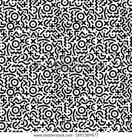 Seamless line doodle memphis pattern Fashion 80-90s. Black and white texture Vector illustration line art. Vintage geometric print illustration element