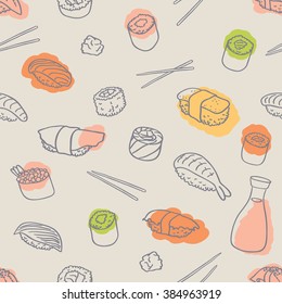 seamless line drawing sushi and rolls