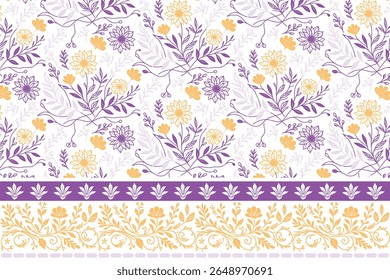 seamless line floral border artwork with sketch flowers and delicate outlines perfect for digital print fashion, home textiles, and elegant wallpapers

