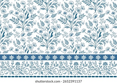 nahtlose Linie florale Randmuster mit handgezeichneter botanischer Skizze für textiles Gewebe und Verpackungsdesign

