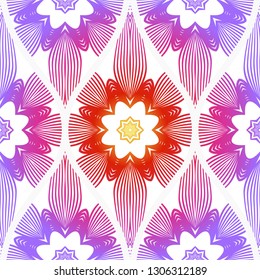 Seamless Line Geometric Floral Pattern. Abstract Geometry Flower. Vector Illustration. Interior Decoration, Wallpaper, Presentation, Fashion Design. Purple gradient color.