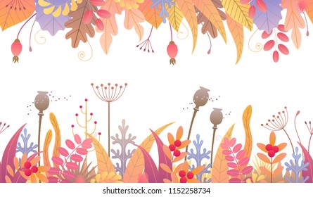 Seamless line horizontal pattern with colorful leaves, dried grass and berries on white background. Endless border with simple elements of autumn plants in two rows. Vector flat floral decoration.