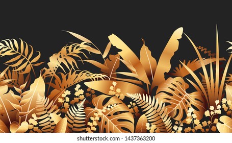 Seamless line horizontal pattern with golden tropical plants on black background. Foliage border made with leaves in row. Vector flat illustration.