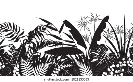 Seamless line horizontal pattern made with tropical plants silhouette. Black and white floral texture with flowers and leaves in row. Monochrome vector flat illustration.