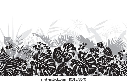 Seamless line horizontal pattern made with tropical leaves and flowers silhouette. Black, gray and white floral texture with plants in row. Monochrome vector flat illustration.