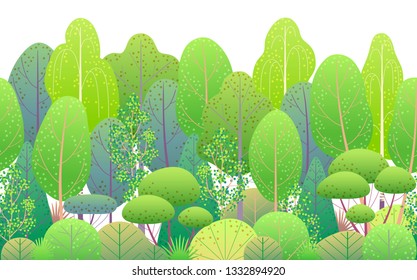 Seamless line horizontal pattern made with colorful spring forest trees and bushes on white background. Endless texture with simple elements of summer plants. Green foliage vector flat illustration.