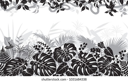 Patrón horizontal de línea sin inconvenientes con hojas tropicales, liana y silueta de flores. Textura floral de color negro, gris y blanco con plantas en la fila superior y base. Ilustración plana vectorial monocroma.