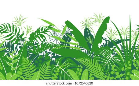 Seamless line horizontal pattern with tropical plants silhouette. Green  foliage texture with leaves in row. Vector flat illustration.