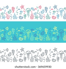 Seamless line marine life patterns. Outline fish and sea creatures borders. 