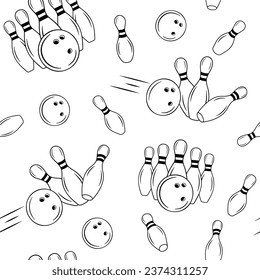 Seamless line monochrome pattern with bowling pins and ball. Simple outline skittles with ball. Vector sport background.