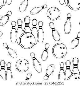 Seamless line monochrome pattern with bowling pins and ball. Simple outline skittles with ball. Vector sport background.